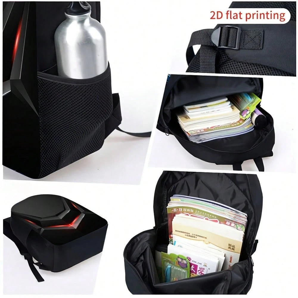 3pcs Red Light Mecha Backpack Set, Large Capacity Bookbag With Crossbody Bag & Pencil Case, Cool Robot Style School Travel Bag