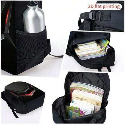 3pcs Red Light Mecha Backpack Set, Large Capacity Bookbag With Crossbody Bag & Pencil Case, Cool Robot Style School Travel Bag