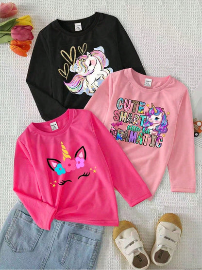 3pcs/Set Baby Girl Light Pink Unicorn Graphic Long Sleeve Knit Pullover T-Shirts,Casual Autumn Back-To-School Graduation Crew Neck Tops For 6M-3T