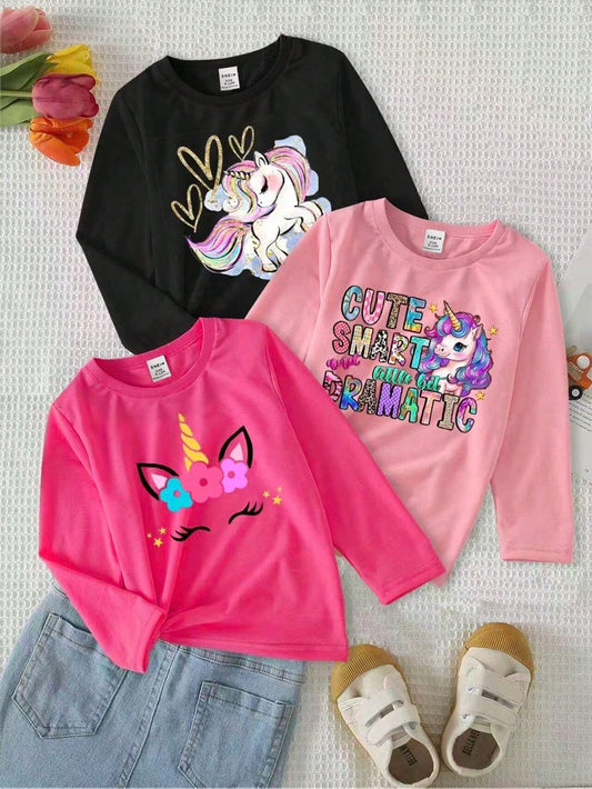 3pcs/Set Baby Girl Light Pink Unicorn Graphic Long Sleeve Knit Pullover T-Shirts,Casual Autumn Back-To-School Graduation Crew Neck Tops For 6M-3T