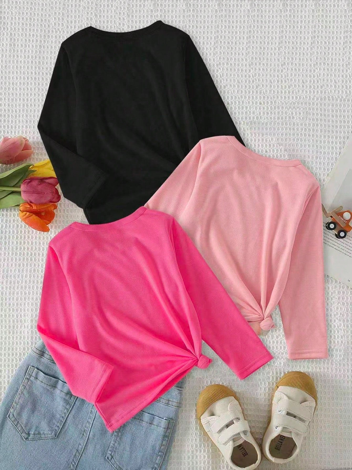 3pcs/Set Baby Girl Light Pink Unicorn Graphic Long Sleeve Knit Pullover T-Shirts,Casual Autumn Back-To-School Graduation Crew Neck Tops For 6M-3T
