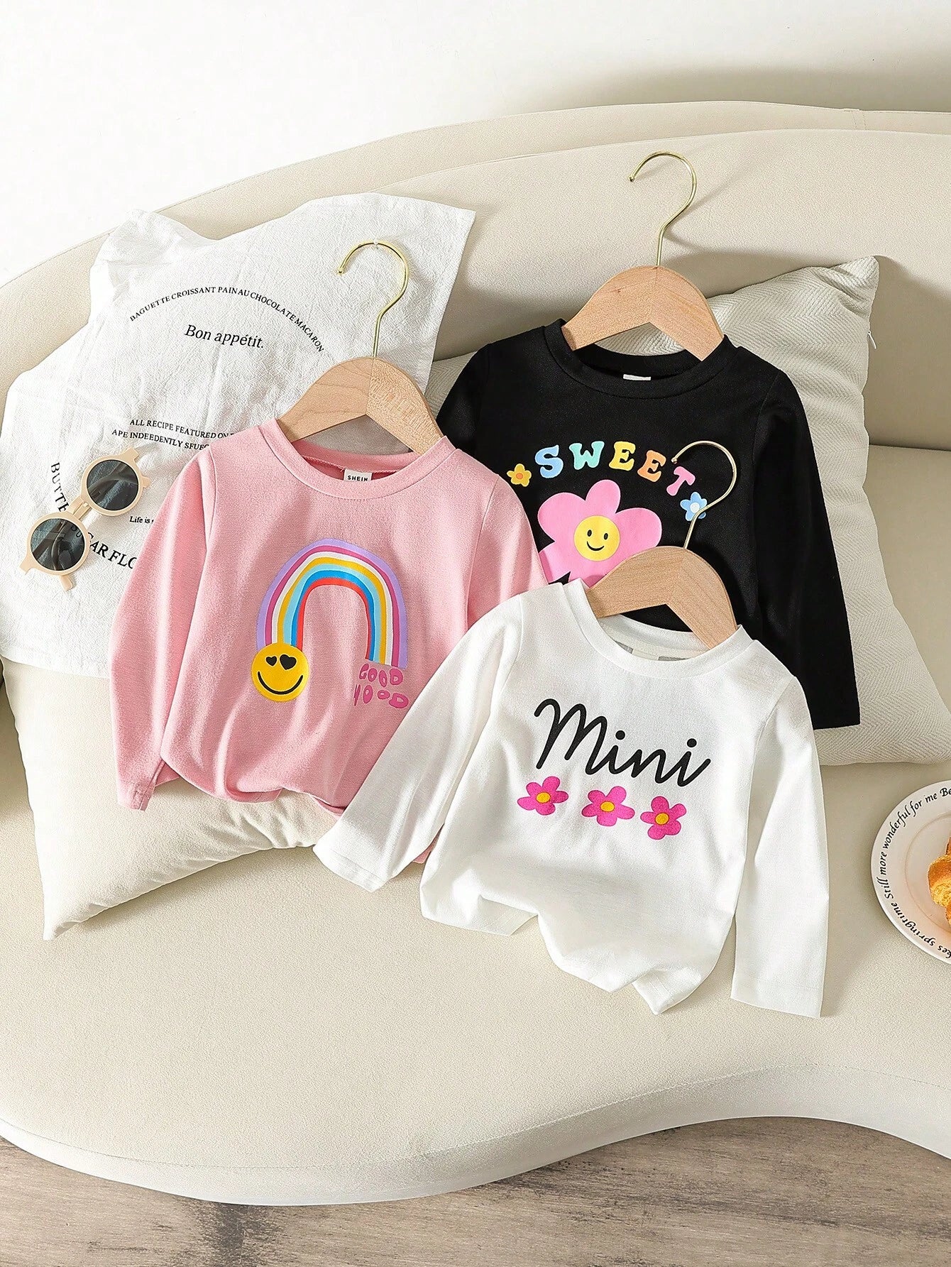 3pcs/Set Baby Girl Light Pink Unicorn Graphic Long Sleeve Knit Pullover T-Shirts,Casual Autumn Back-To-School Graduation Crew Neck Tops For 6M-3T