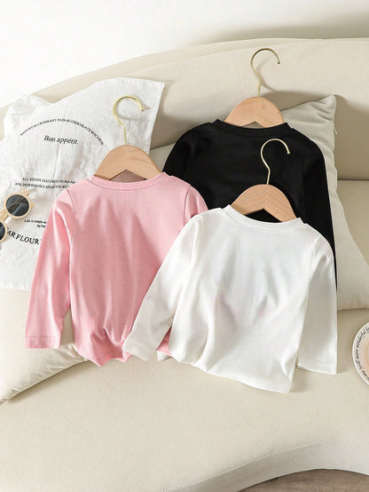 3pcs/Set Baby Girl Light Pink Unicorn Graphic Long Sleeve Knit Pullover T-Shirts,Casual Autumn Back-To-School Graduation Crew Neck Tops For 6M-3T