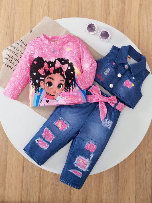 3pcs/Set Baby Girls' Fashionable Casual Cartoon Print Top + Denim Effect Vest + Matching Denim Effect Pants + Belt