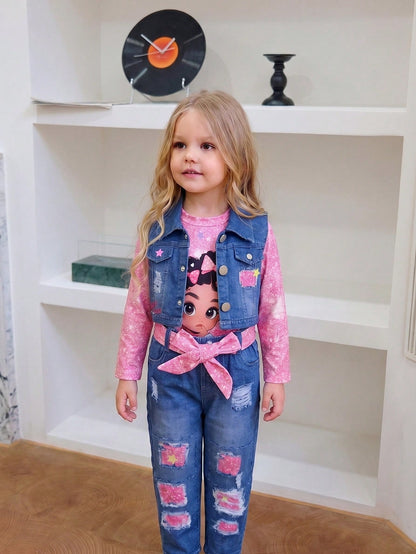 3pcs/Set Baby Girls' Fashionable Casual Cartoon Print Top + Denim Effect Vest + Matching Denim Effect Pants + Belt