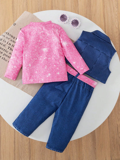 3pcs/Set Baby Girls' Fashionable Casual Cartoon Print Top + Denim Effect Vest + Matching Denim Effect Pants + Belt