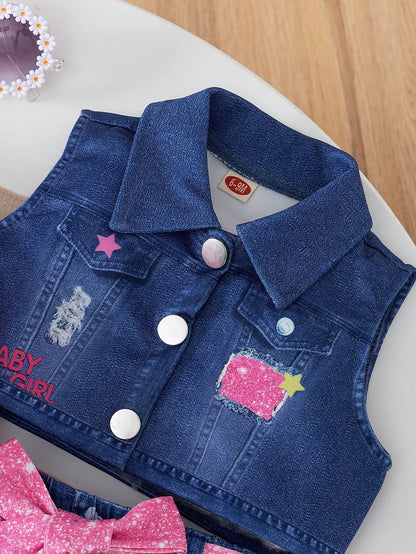 3pcs/Set Baby Girls' Fashionable Casual Cartoon Print Top + Denim Effect Vest + Matching Denim Effect Pants + Belt