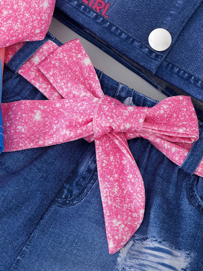 3pcs/Set Baby Girls' Fashionable Casual Cartoon Print Top + Denim Effect Vest + Matching Denim Effect Pants + Belt