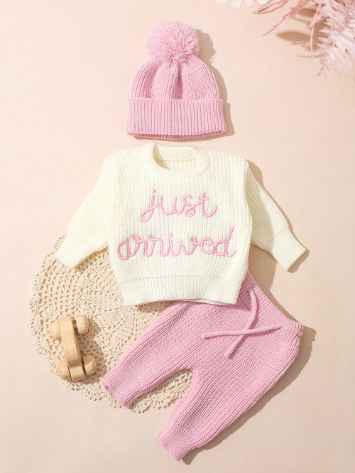 3Pcs Set Baby Hospital Arrival Announcement Outfit White Autumn Funny Graphic Baby Shower Newborn Photo Shoot Props Knitted Tops And Pants With Hat