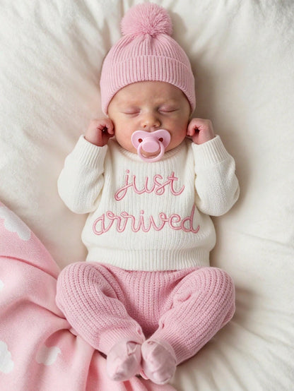 3Pcs Set Baby Hospital Arrival Announcement Outfit White Autumn Funny Graphic Baby Shower Newborn Photo Shoot Props Knitted Tops And Pants With Hat