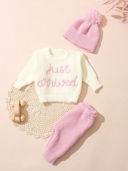 3Pcs Set Baby Hospital Arrival Announcement Outfit White Autumn Funny Graphic Baby Shower Newborn Photo Shoot Props Knitted Tops And Pants With Hat