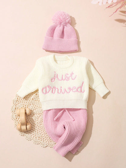 3Pcs Set Baby Hospital Arrival Announcement Outfit White Autumn Funny Graphic Baby Shower Newborn Photo Shoot Props Knitted Tops And Pants With Hat