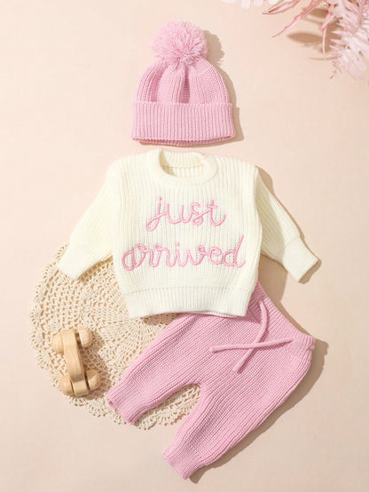 3Pcs Set Baby Hospital Arrival Announcement Outfit White Autumn Funny Graphic Baby Shower Newborn Photo Shoot Props Knitted Tops And Pants With Hat