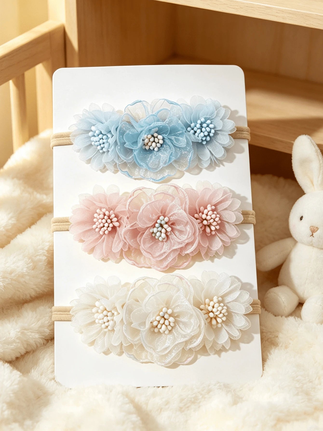 3pcs/Set Cute Baby Girl Rose Flower Shaped Soft Comfortable Elastic Nylon Thin Headbands (Without Paper Card)