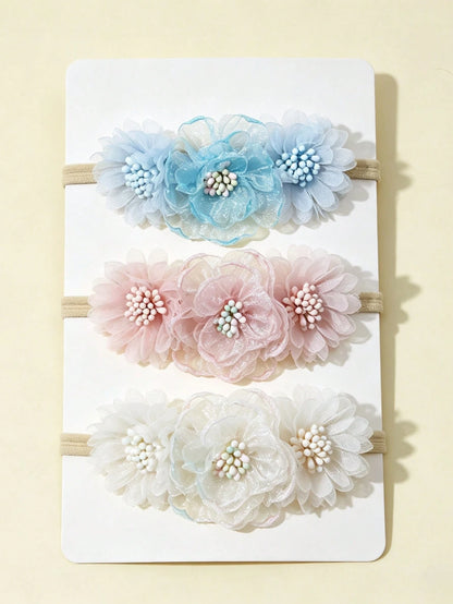 3pcs/Set Cute Baby Girl Rose Flower Shaped Soft Comfortable Elastic Nylon Thin Headbands (Without Paper Card)