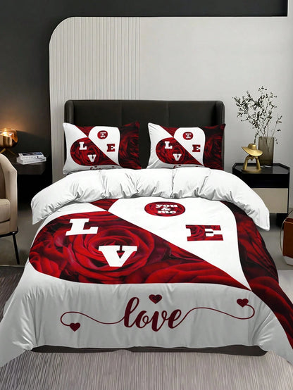 3pcs Set Floral Love Pattern Duvet Cover With Pillowcase(1 Duvet Cover + 2 Pillowcases, Without Pillow Insert), Vivid Printing For Home & Dorm