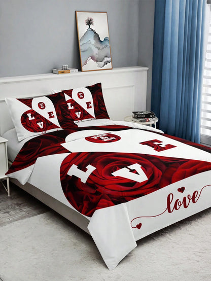 3pcs Set Floral Love Pattern Duvet Cover With Pillowcase(1 Duvet Cover + 2 Pillowcases, Without Pillow Insert), Vivid Printing For Home & Dorm