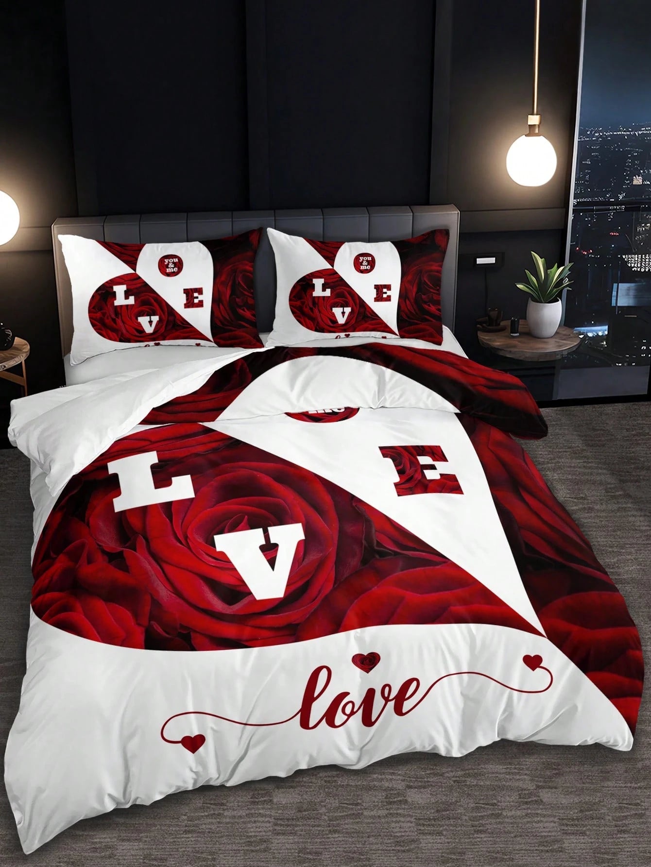 3pcs Set Floral Love Pattern Duvet Cover With Pillowcase(1 Duvet Cover + 2 Pillowcases, Without Pillow Insert), Vivid Printing For Home & Dorm