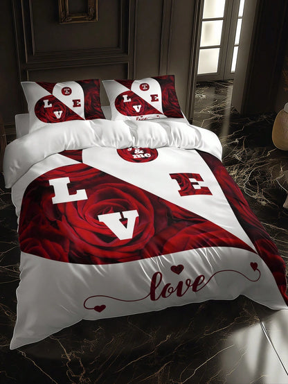 3pcs Set Floral Love Pattern Duvet Cover With Pillowcase(1 Duvet Cover + 2 Pillowcases, Without Pillow Insert), Vivid Printing For Home & Dorm