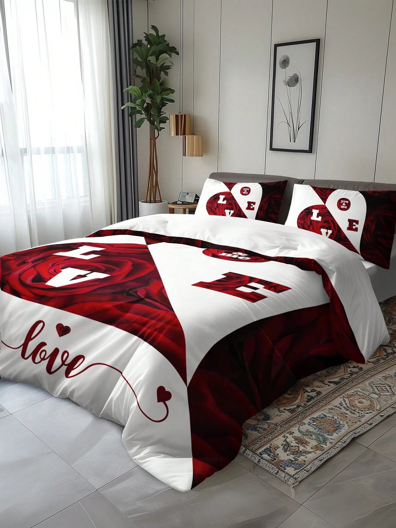 3pcs Set Floral Love Pattern Duvet Cover With Pillowcase(1 Duvet Cover + 2 Pillowcases, Without Pillow Insert), Vivid Printing For Home & Dorm