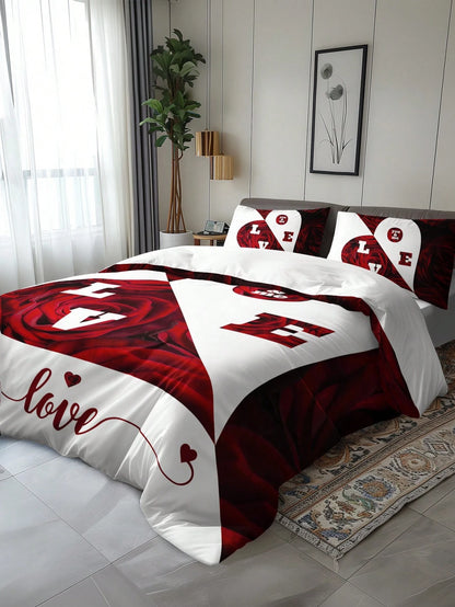 3pcs Set Floral Love Pattern Duvet Cover With Pillowcase(1 Duvet Cover + 2 Pillowcases, Without Pillow Insert), Vivid Printing For Home & Dorm