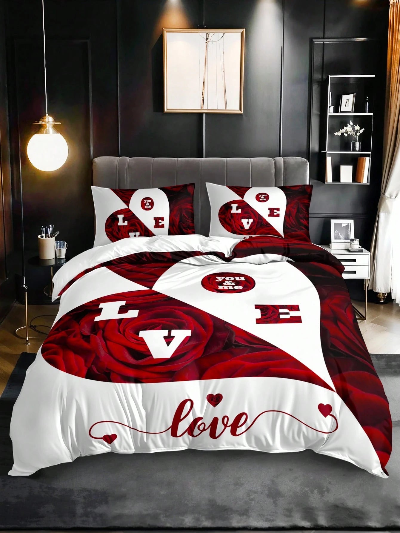 3pcs Set Floral Love Pattern Duvet Cover With Pillowcase(1 Duvet Cover + 2 Pillowcases, Without Pillow Insert), Vivid Printing For Home & Dorm