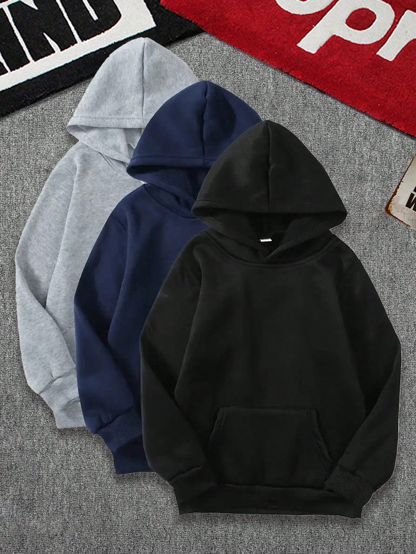 3pcs/Set Teen Boy Casual Solid Color Minimalist Pullover Hooded Sweatshirt With Pocket, Spring/Autumn
