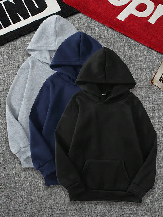 3pcs/Set Teen Boy Casual Solid Color Minimalist Pullover Hooded Sweatshirt With Pocket, Spring/Autumn