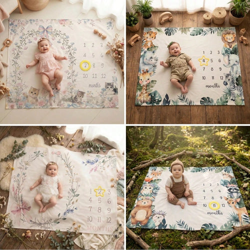 3pcs Set White & Champagne Baby Milestone Blanket, Animal & Plant Theme Monthly Milestone Blanket, Photography Prop Blanket, Baby Sports Theme Nursery Blanket, Baby Age Blanket, Baby Calendar Blanket