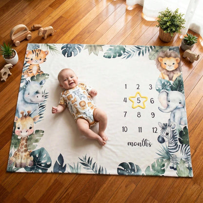 3pcs Set White & Champagne Baby Milestone Blanket, Animal & Plant Theme Monthly Milestone Blanket, Photography Prop Blanket, Baby Sports Theme Nursery Blanket, Baby Age Blanket, Baby Calendar Blanket