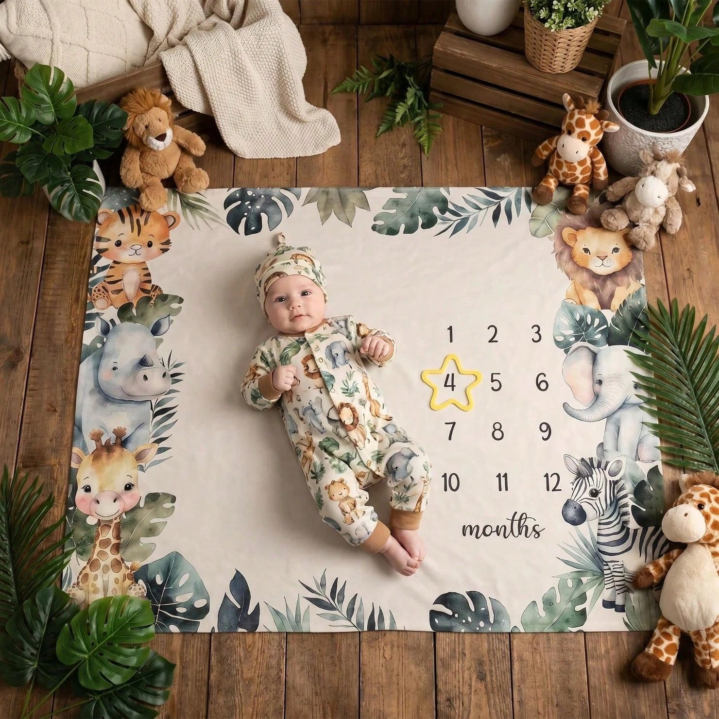 3pcs Set White & Champagne Baby Milestone Blanket, Animal & Plant Theme Monthly Milestone Blanket, Photography Prop Blanket, Baby Sports Theme Nursery Blanket, Baby Age Blanket, Baby Calendar Blanket