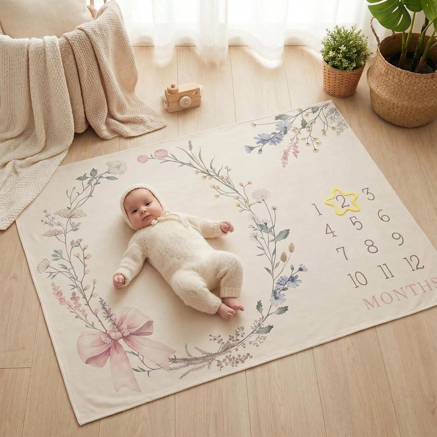 3pcs Set White & Champagne Baby Milestone Blanket, Animal & Plant Theme Monthly Milestone Blanket, Photography Prop Blanket, Baby Sports Theme Nursery Blanket, Baby Age Blanket, Baby Calendar Blanket