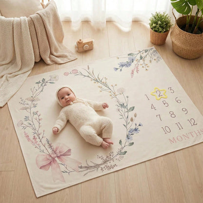 3pcs Set White & Champagne Baby Milestone Blanket, Animal & Plant Theme Monthly Milestone Blanket, Photography Prop Blanket, Baby Sports Theme Nursery Blanket, Baby Age Blanket, Baby Calendar Blanket