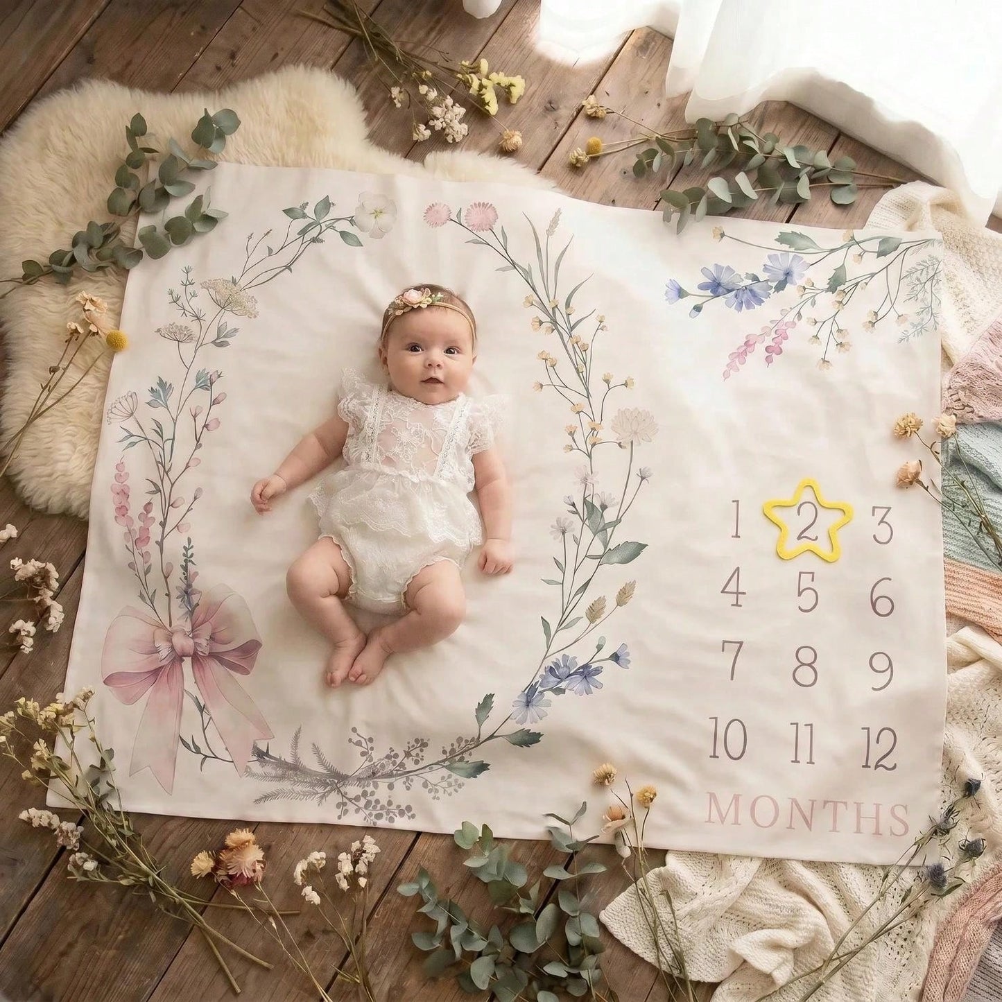 3pcs Set White & Champagne Baby Milestone Blanket, Animal & Plant Theme Monthly Milestone Blanket, Photography Prop Blanket, Baby Sports Theme Nursery Blanket, Baby Age Blanket, Baby Calendar Blanket