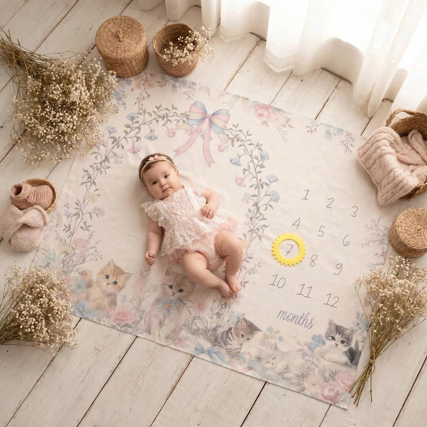 3pcs Set White & Champagne Baby Milestone Blanket, Animal & Plant Theme Monthly Milestone Blanket, Photography Prop Blanket, Baby Sports Theme Nursery Blanket, Baby Age Blanket, Baby Calendar Blanket