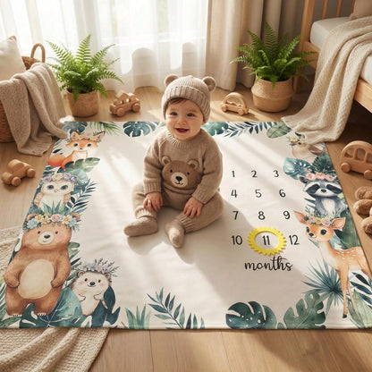 3pcs Set White & Champagne Baby Milestone Blanket, Animal & Plant Theme Monthly Milestone Blanket, Photography Prop Blanket, Baby Sports Theme Nursery Blanket, Baby Age Blanket, Baby Calendar Blanket