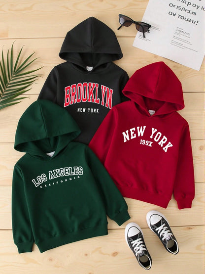 3pcs/Set Young Boy Hooded Sweatshirts,Casual Sports Streetwear For Autumn,80s,School,Back-To-School,Los Angeles,New York City Black,Red,Olive Green