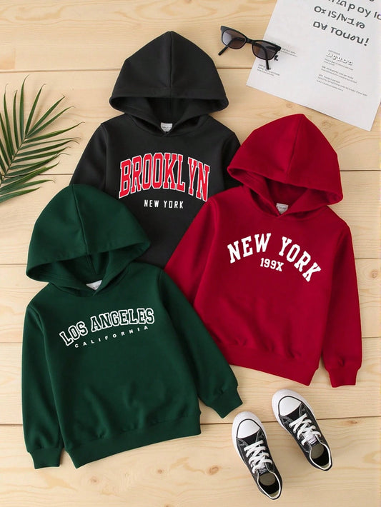 3pcs/Set Young Boy Hooded Sweatshirts,Casual Sports Streetwear For Autumn,80s,School,Back-To-School,Los Angeles,New York City Black,Red,Olive Green