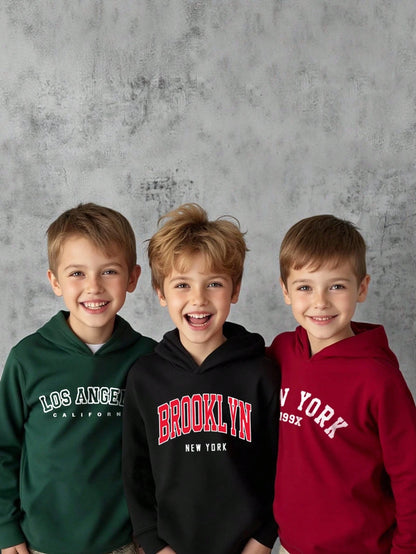 3pcs/Set Young Boy Hooded Sweatshirts,Casual Sports Streetwear For Autumn,80s,School,Back-To-School,Los Angeles,New York City Black,Red,Olive Green