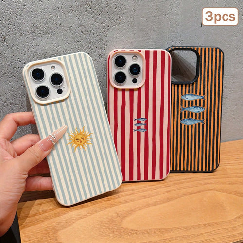 3pcs Striped Print Leather Texture TPU Anti-Drop Full Coverage Protective Phone Case Compatible With Apple 11/12/13/14/15/16/17 Pro Max