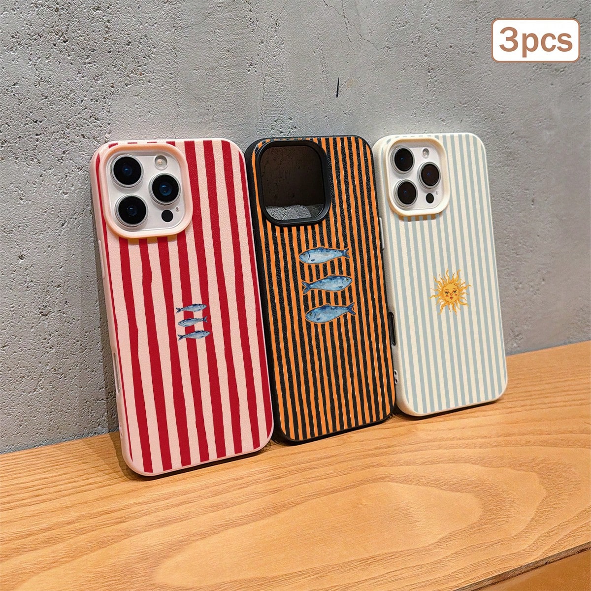 3pcs Striped Print Leather Texture TPU Anti-Drop Full Coverage Protective Phone Case Compatible With Apple 11/12/13/14/15/16/17 Pro Max