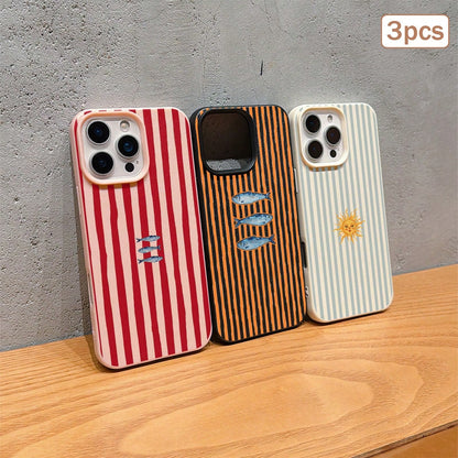 3pcs Striped Print Leather Texture TPU Anti-Drop Full Coverage Protective Phone Case Compatible With Apple 11/12/13/14/15/16/17 Pro Max