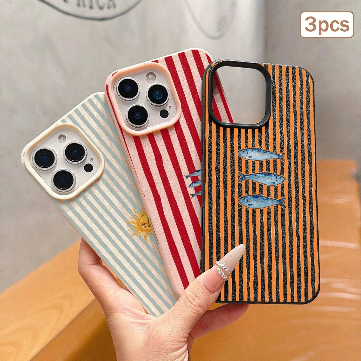 3pcs Striped Print Leather Texture TPU Anti-Drop Full Coverage Protective Phone Case Compatible With Apple 11/12/13/14/15/16/17 Pro Max