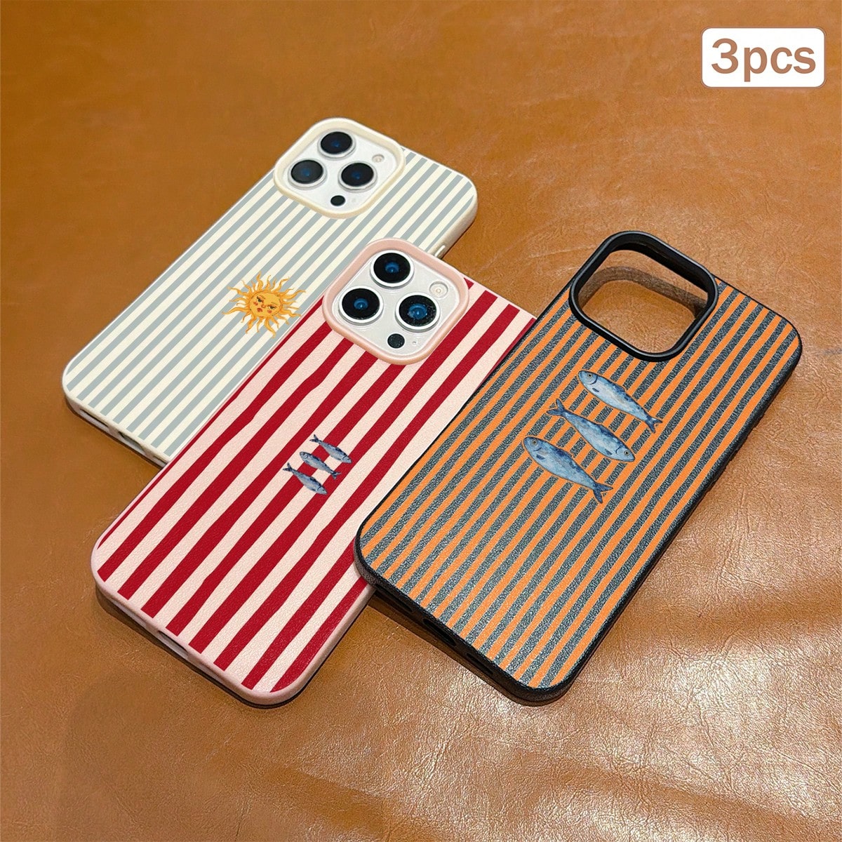 3pcs Striped Print Leather Texture TPU Anti-Drop Full Coverage Protective Phone Case Compatible With Apple 11/12/13/14/15/16/17 Pro Max