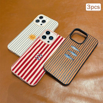 3pcs Striped Print Leather Texture TPU Anti-Drop Full Coverage Protective Phone Case Compatible With Apple 11/12/13/14/15/16/17 Pro Max