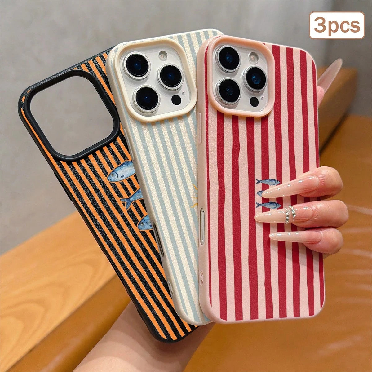 3pcs Striped Print Leather Texture TPU Anti-Drop Full Coverage Protective Phone Case Compatible With Apple 11/12/13/14/15/16/17 Pro Max