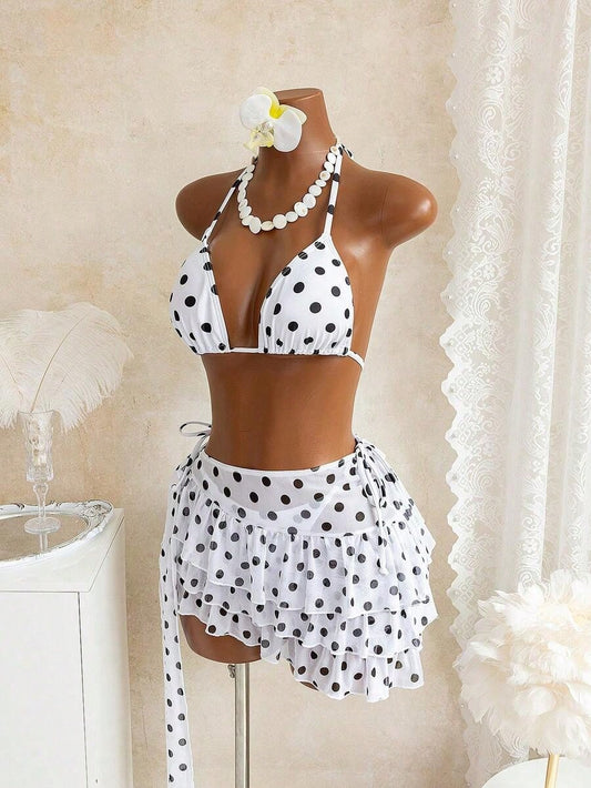 3pcs Watercolor Floral Print Halter Bikini Top, Tie Side Bikini Bottom, And Sarong Skirt Swimwear Set, Summer Holiday
