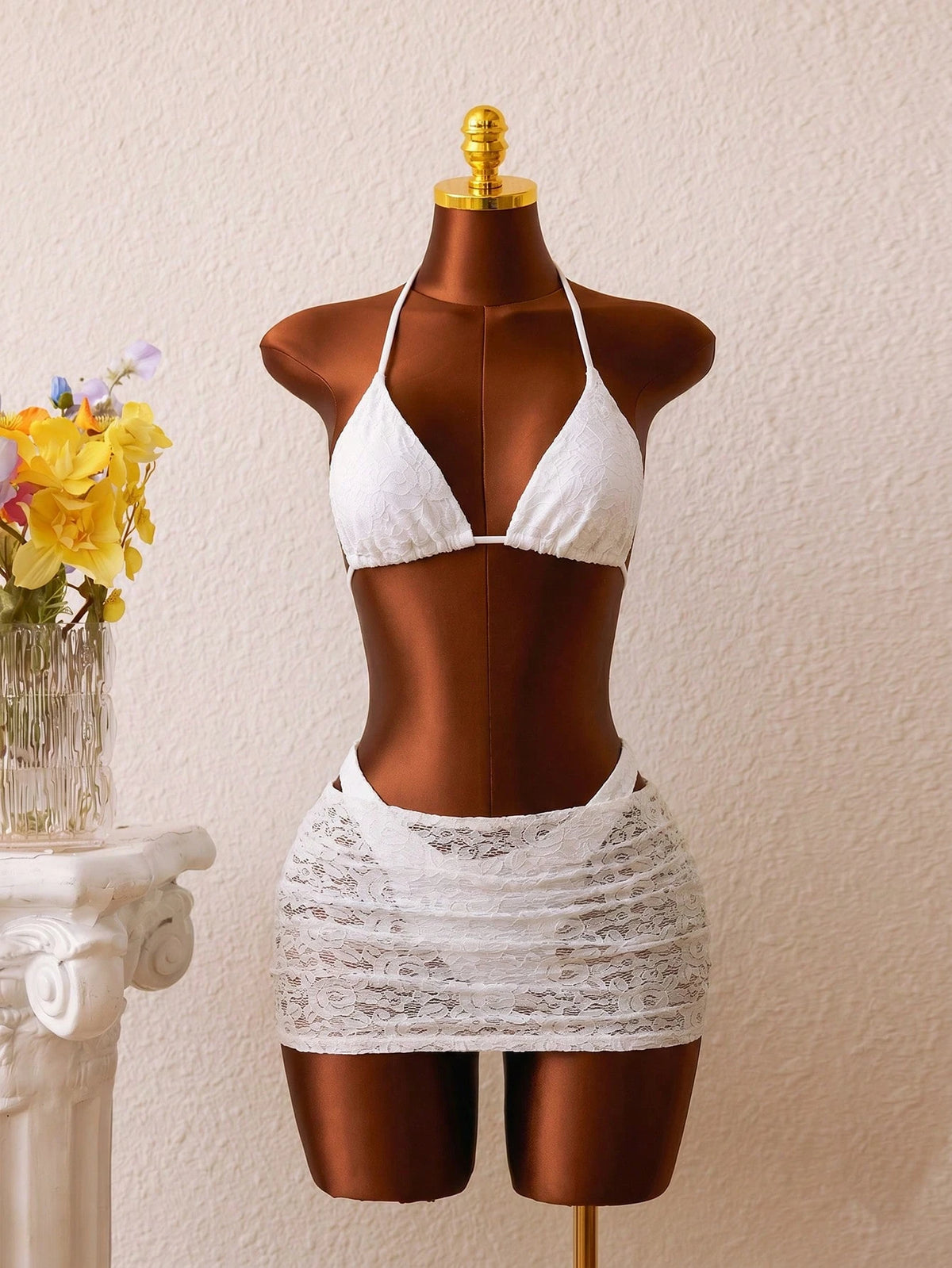 3pcs Women Fashion Bikini Set, Stylish Blue Crochet Lace Swimwear Mini Skirt Sarong Coverups Wedding Vacation Casual Elegant Outfit Beach White Summer