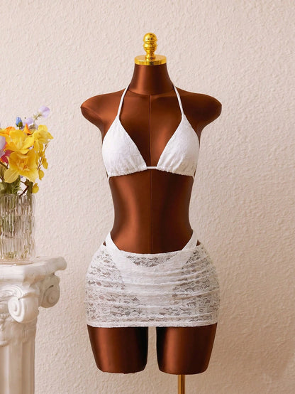 3pcs Women Fashion Bikini Set, Stylish Blue Crochet Lace Swimwear Mini Skirt Sarong Coverups Wedding Vacation Casual Elegant Outfit Beach White Summer