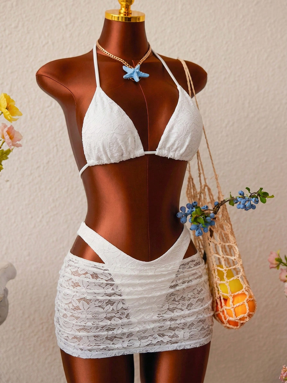 3pcs Women Fashion Bikini Set, Stylish Blue Crochet Lace Swimwear Mini Skirt Sarong Coverups Wedding Vacation Casual Elegant Outfit Beach White Summer